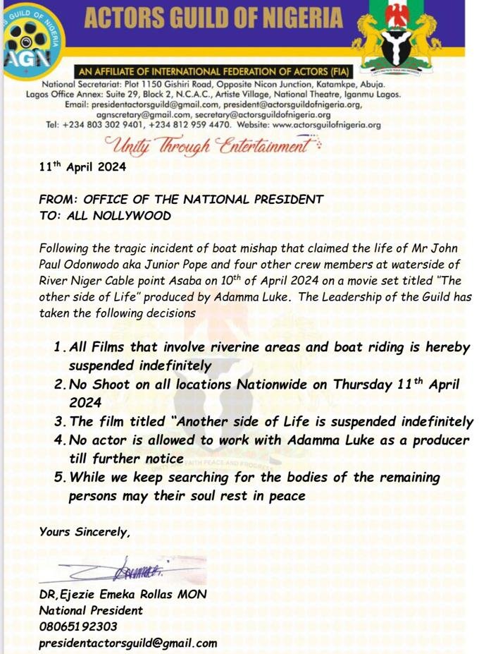 Jnr Pope Death: AGN Suspends All Movies In Riverine Areas, Boat, Bans Adanma Luke